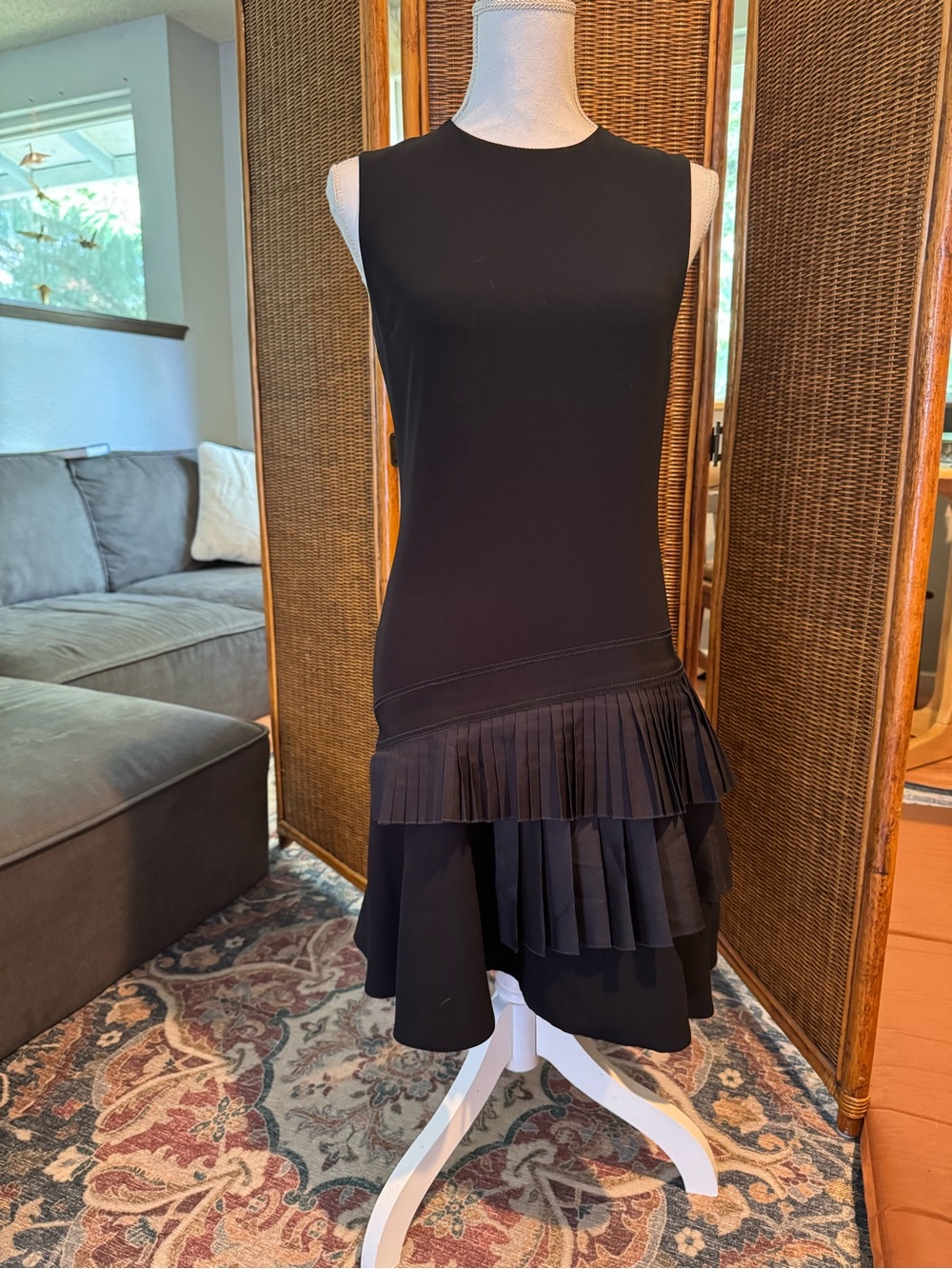 Victoria Beckham Black Sleeveless Pleated Dress with Layered Skirt